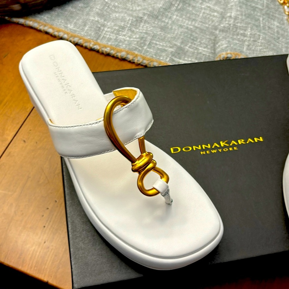 Donna Karan Harlyn hardware leather white and gold wedge sandals
